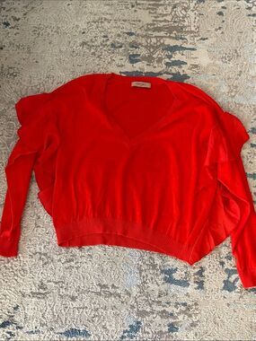 Twin-Set Bright Red V-Neck Ruffle Sleeve Sweater